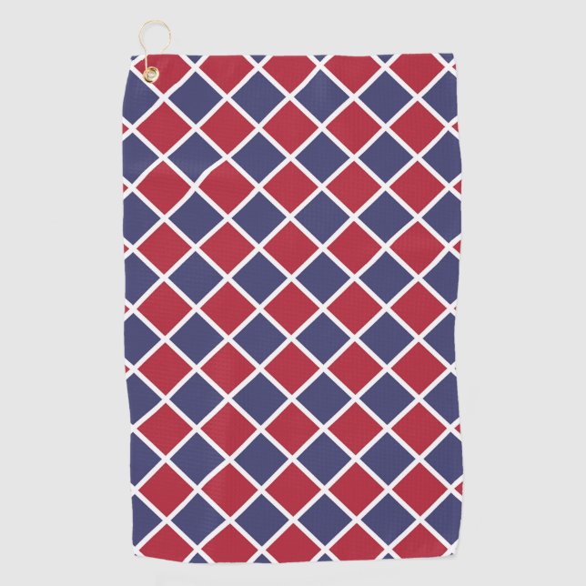 Red Blue White Harlequin Diamond Chequered Pattern Golf Towel (Front)