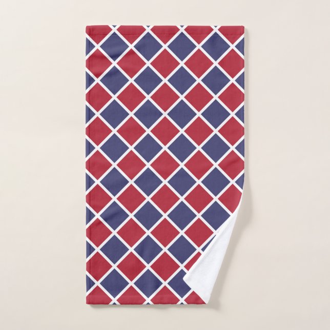 Red Blue White Harlequin Diamond Chequered Pattern Hand Towel (Hand Towel)