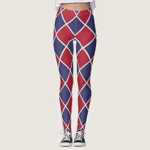 Red Blue White Harlequin Diamond Chequered Pattern Leggings