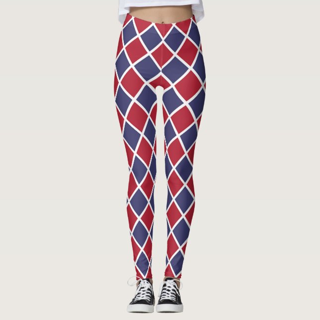 Red Blue White Harlequin Diamond Chequered Pattern Leggings (Front)