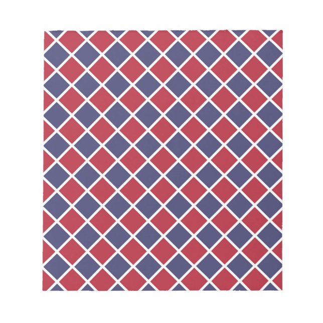 Red Blue White Harlequin Diamond Chequered Pattern Notepad (Front)