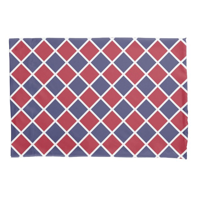 Red Blue White Harlequin Diamond Chequered Pattern Pillowcase (Front-Left)
