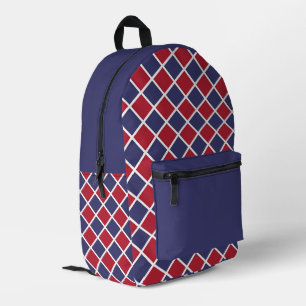 Red Blue White Harlequin Diamond Chequered Pattern Printed Backpack
