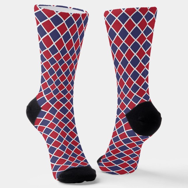 Red Blue White Harlequin Diamond Chequered Pattern Socks (Angled)