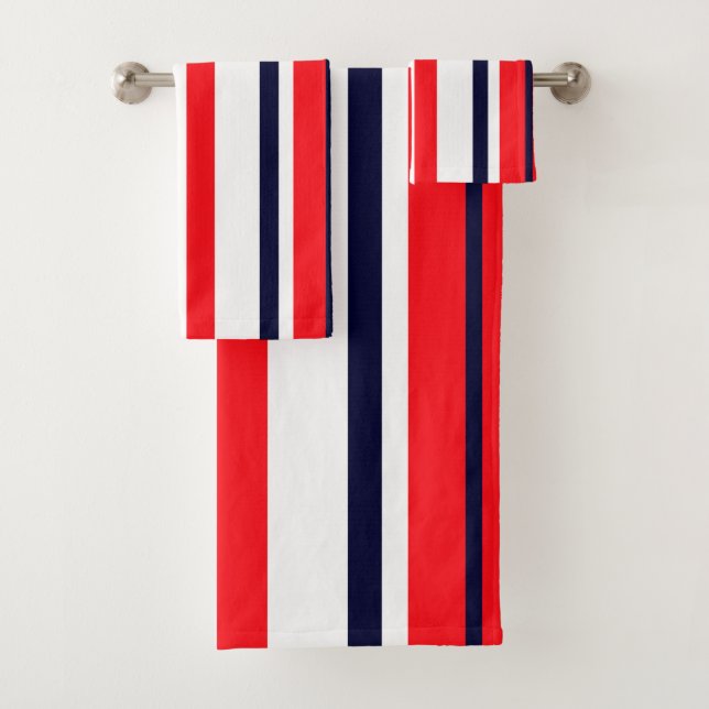 Red Blue White Lines Pattern Bath Towel Set (Insitu)
