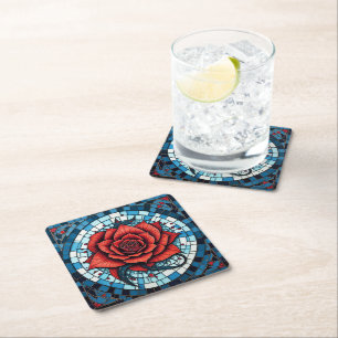 Red Blue White Mosaic Rose Flower Square Paper Coaster