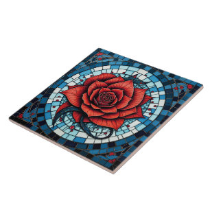 Red Blue White Mosaic Rose Flower Tile