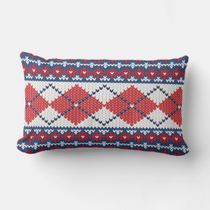 Red Blue & White Nordic Fair Isle Argyle Pattern Lumbar Cushion