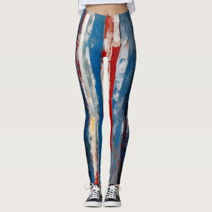 Red Blue White Painted Vertical Abstract Stripes Leggings