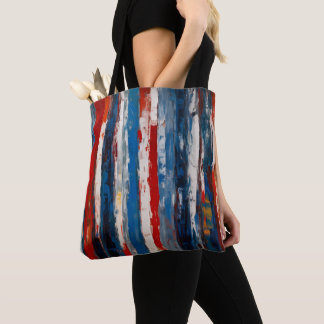 Red Blue White Painted Vertical Abstract Stripes Tote Bag