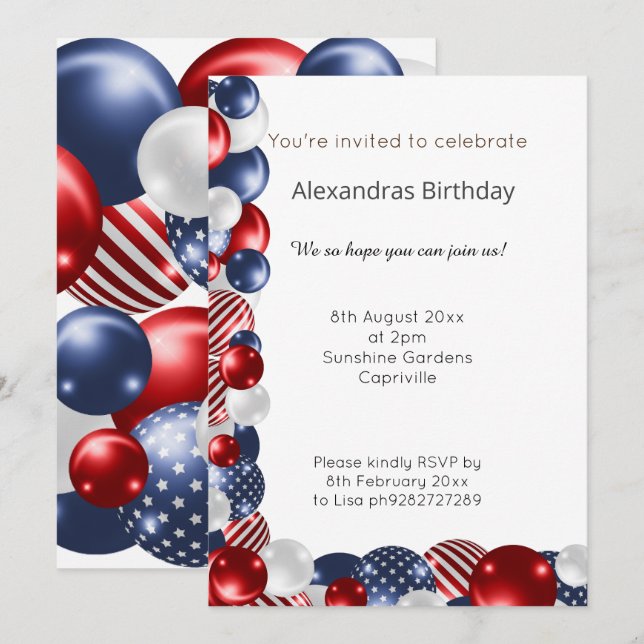 RED BLUE WHITE PATRIOTIC BALLOON 2 BIRTHDAY  INVITATION (Front/Back)