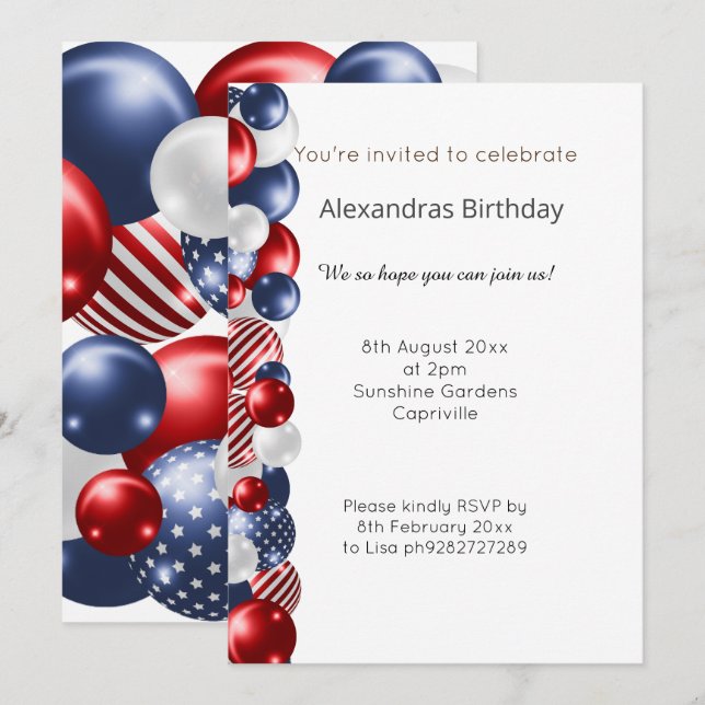 RED BLUE WHITE PATRIOTIC BALLOON BANNER INVITATION (Front/Back)