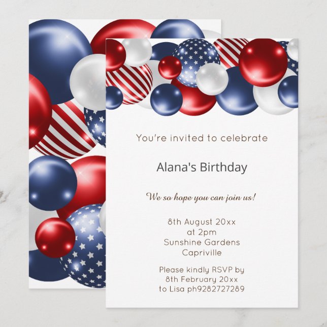 RED BLUE WHITE PATRIOTIC BALLOON BIRTHDAY  INVITATION (Front/Back)