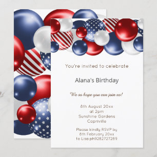 RED BLUE WHITE PATRIOTIC BALLOON BIRTHDAY  INVITATION