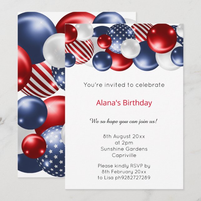 RED BLUE WHITE PATRIOTIC BALLOON  INVITATION (Front/Back)