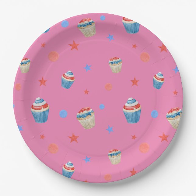 red blue white patriotic birthday cupcakes party paper plate (Front)