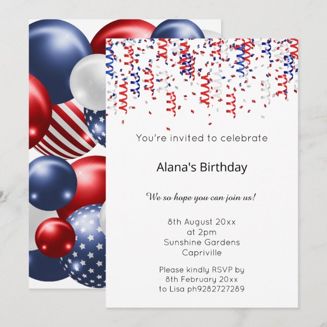 RED BLUE WHITE PATRIOTIC STREAMERS BIRTHDAY   INVITATION (Front/Back)