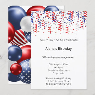 RED BLUE WHITE PATRIOTIC STREAMERS BIRTHDAY   INVITATION