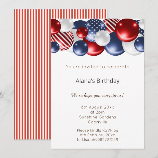 RED BLUE WHITE PATRIOTIC STRIPED 2 BALLOON  INVITATION (Front/Back)