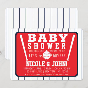 Red Blue & White Pinstripes Baseball Baby Shower Invitation
