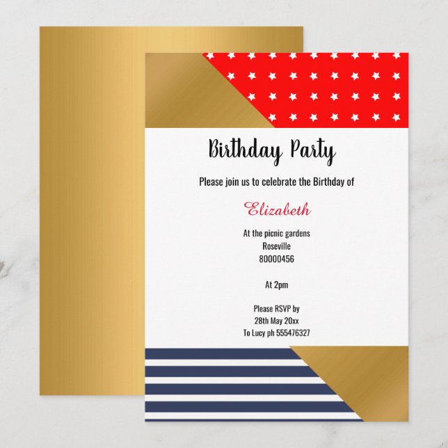 RED BLUE WHITE STARS & STRIPES BIRTHDAY INVITATION (Front/Back)