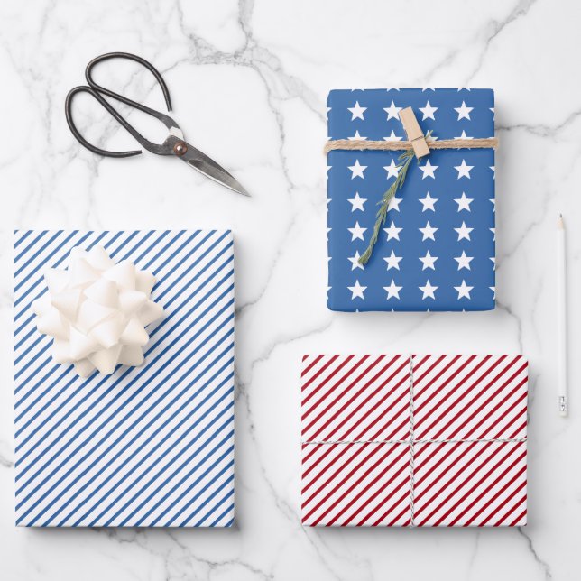 Red Blue White Stripes and Stars Patriotic Wrapping Paper Sheet (Front)