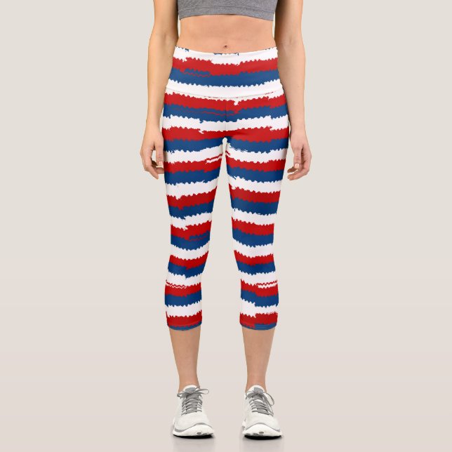 Red Blue White Stripes  Capri Leggings (Front)