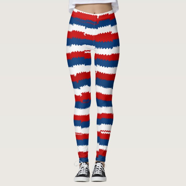 Red Blue White Stripes Leggings (Front)