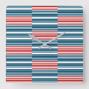 Red Blue White Stripes Square Wall Clock