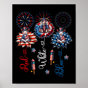 Red Blue White Three Cute Goats On Floral 4th July Poster