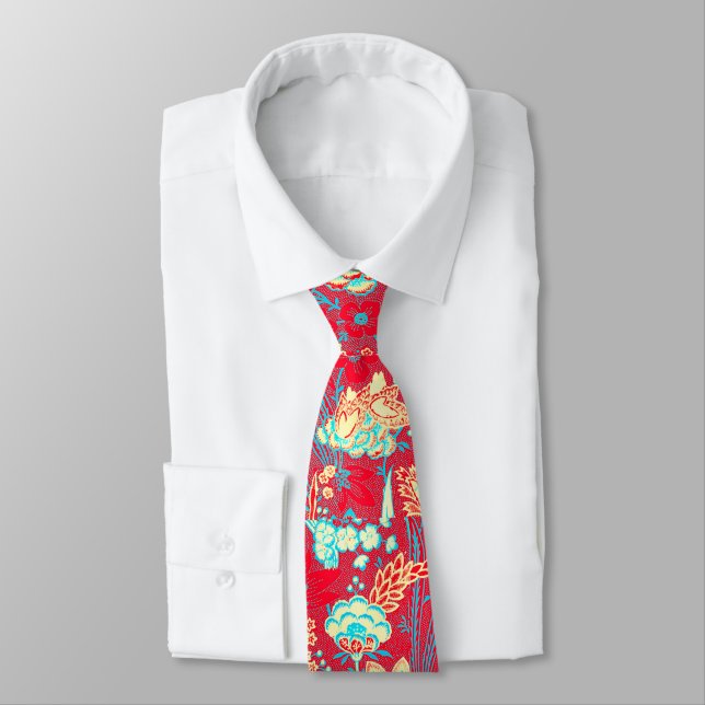 RED BLUE WHITE WILD FLOWERS TULIPS,LEAVES FLORAL TIE (Tied)