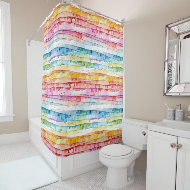 Red, Blue, Yellow Abstract Watercolor Layers Shower Curtain (In Situ)