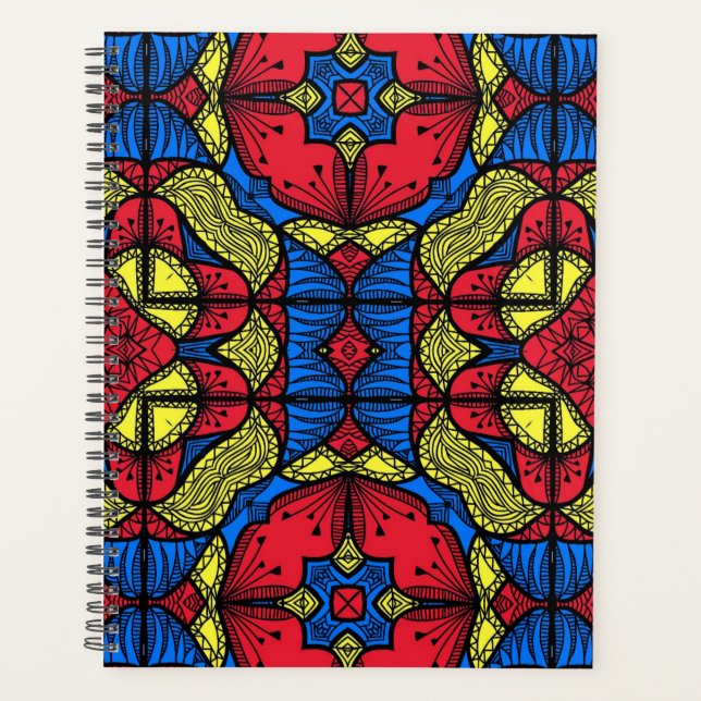 Red Blue Yellow African Tribal Mosaic Pattern Planner (Front)