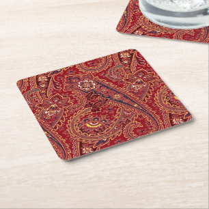 Red, Blue, Yellow and White Vintage Paisley Floral Square Paper Coaster