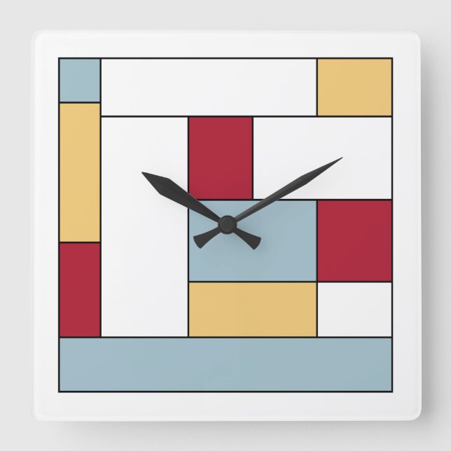 Red Blue Yellow Colour Block Mid Century Squares Square Wall Clock (Front)