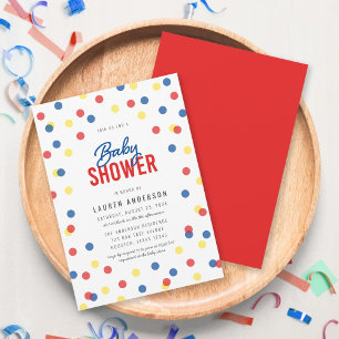 Red Blue Yellow Confetti Baby Shower Invitation