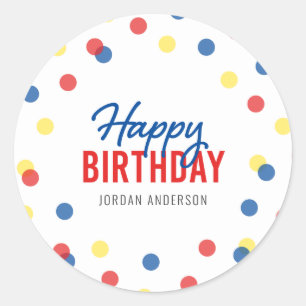 Red Blue Yellow Confetti Happy Birthday Classic Round Sticker
