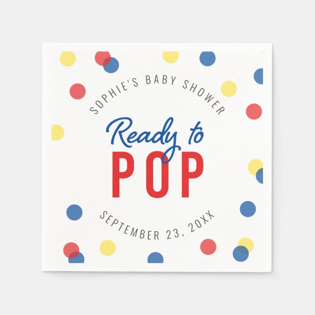 Red Blue Yellow Confetti Ready to Pop Baby Shower Napkin (Front)