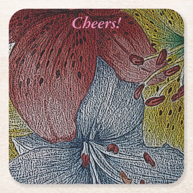 red blue yellow contempory flower pattern floral   square paper coaster (Front)