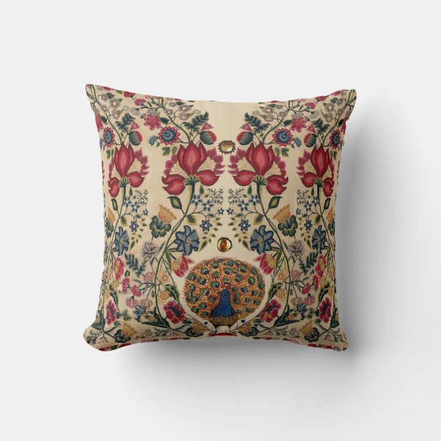RED BLUE YELLOW FLOWERS AND PEACOCK Antique Floral Cushion (Front)