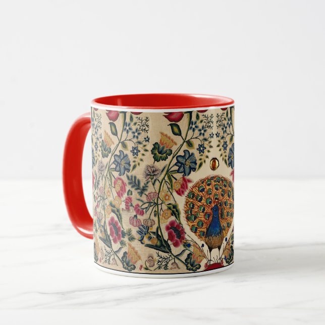 RED BLUE YELLOW FLOWERS AND PEACOCK Antique Floral Mug (Front Left)