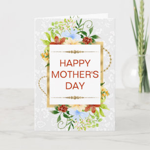 Red Blue & Yellow Flowers & Gold Mother's Day Card