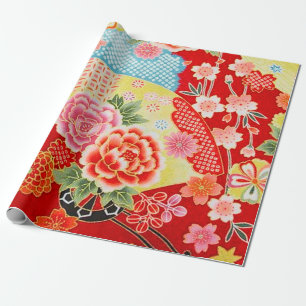 Red Blue Yellow Japanese Kimono Floral Decoupage Wrapping Paper