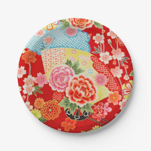 Red Blue Yellow Japanese Kimono Floral Flower Paper Plate