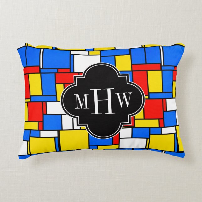 Red Blue Yellow Mondrian Blk Quatrefoil 3 Monogram Decorative Cushion (Front)