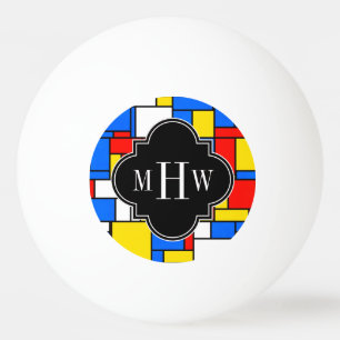 Red Blue Yellow Mondrian Blk Quatrefoil 3 Monogram Ping Pong Ball