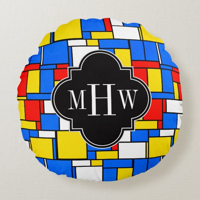 Red Blue Yellow Mondrian Blk Quatrefoil 3 Monogram Round Cushion (Front)