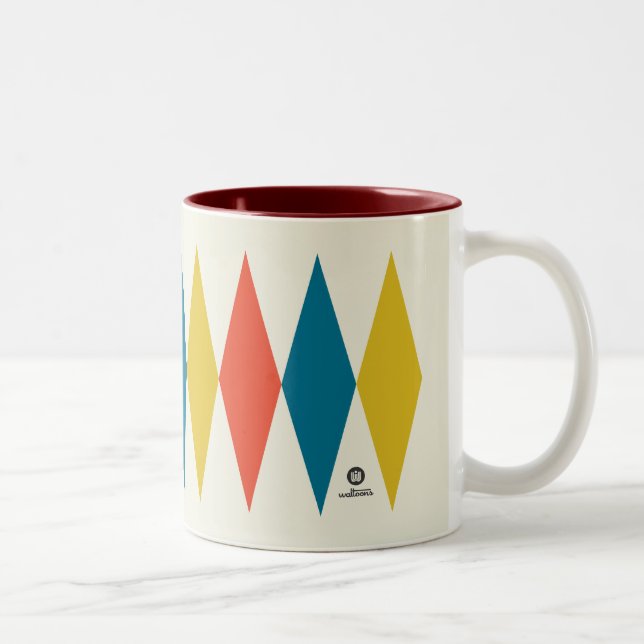 Red Blue Yellow Retro Diamond Pattern Two-Tone Coffee Mug (Right)