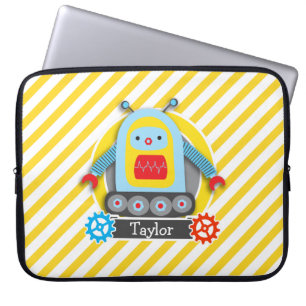 Red, Blue, & Yellow Robot; White Stripes Laptop Sleeve