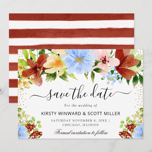 Red Blue Yellow Summer Flowers Wedding Save The Date (Front/Back)